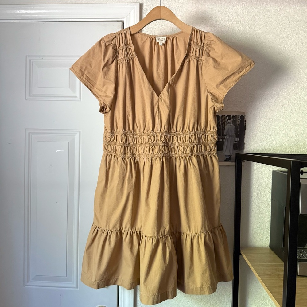 MAREA‎ tan cotton smocked v-neck short flutter sleeve ruffle hem mini dress